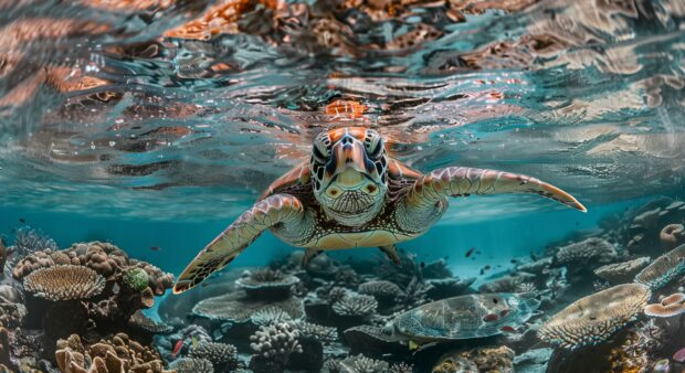 The grace of a sea turtle swimming lazily through crystal clear waters, surrounded by colorful coral reefs and tropical fish.