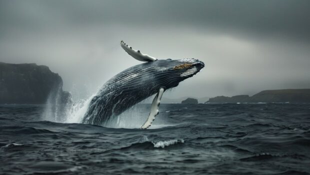 The majestic presence of a humpback whale breaching the surface, it is animal sea life wallpaper.