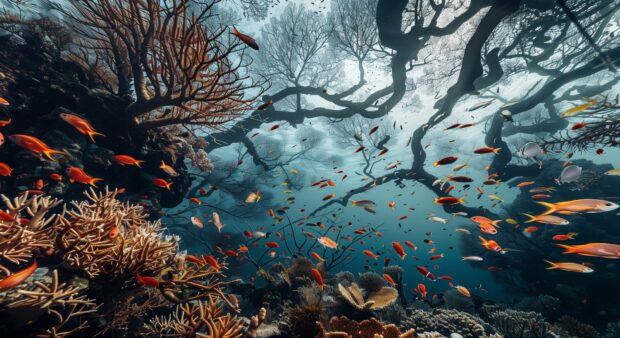 The tranquility of a deep sea coral garden, with intricate coral structures and a myriad of colorful fish swimming gracefully amidst the branches.