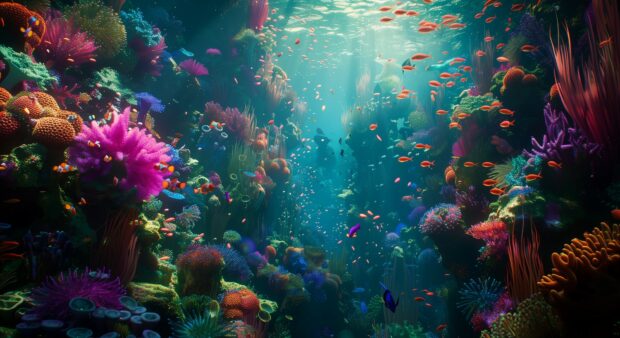 The vibrant colors of a coral reef bustling with life, from tiny clownfish darting among anemones to intricate crustaceans crawling along the seabed.