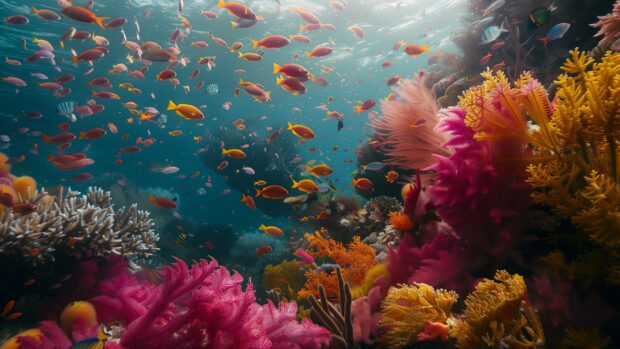 The vibrant colors of a coral reef under the Sea, with tropical fish darting through the coral formations.