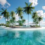 Tropical island desktop wallpaper 4K with palm trees, white sand beach, turquoise water.