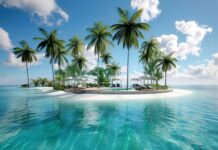 Tropical island desktop wallpaper 4K with palm trees, white sand beach, turquoise water.