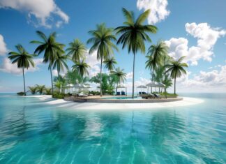 Tropical island desktop wallpaper 4K with palm trees, white sand beach, turquoise water.