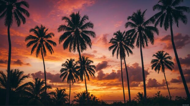 Tropical summer sky desktop wallpaper 4K with palm trees swaying under a vibrant sunset.