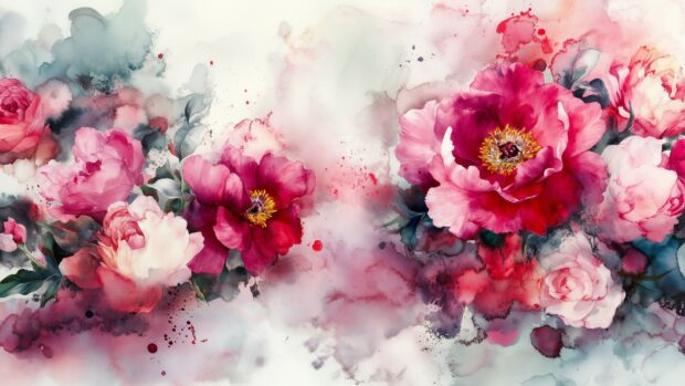 Watercolor 2K wallpaper of blooming peonies and roses, with rich pinks and reds merging into soft washes of color.