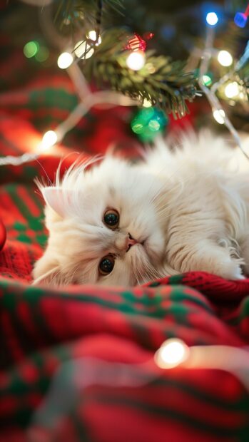 White cat iPhone background with a lovely Persian cat lying on a red and green plaid blanket.