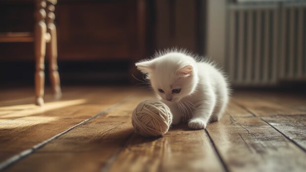 White cat wallpaper with a playful kitten with a ball of yarn on a wooden floor.