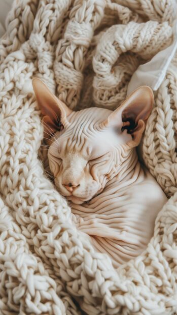 White cat wallpaper with a sweet Sphynx cat snuggling in a soft, knitted blanket, its wrinkled skin highlighted in soft light.