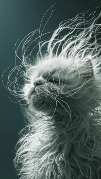 White funny cat with thich hairs background.