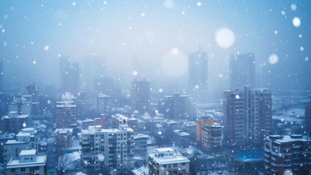 Winter 4K Landscape Desktop Wallpaper with snow falling gently on the buildings.