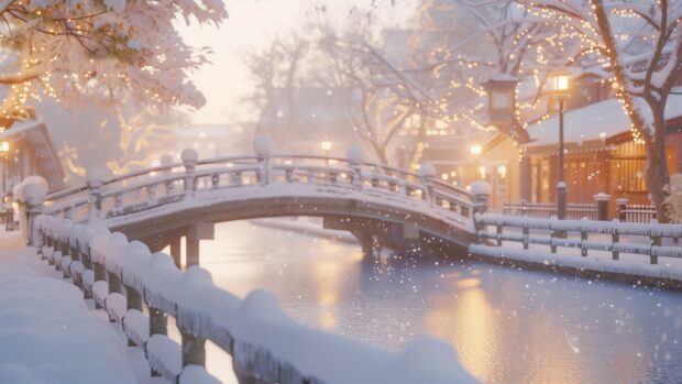 Winter 4K Wallpaper for desktop with snow covered bridge in a picturesque winter town.