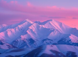 Winter HD Desktop Wallpaper with pink winter dawn over a snowy mountain range.