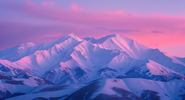 Winter HD Desktop Wallpaper with pink winter dawn over a snowy mountain range.