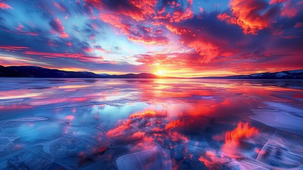 Winter Landscape Wallpaper with sunset over a frozen lake with reflections on the ice.