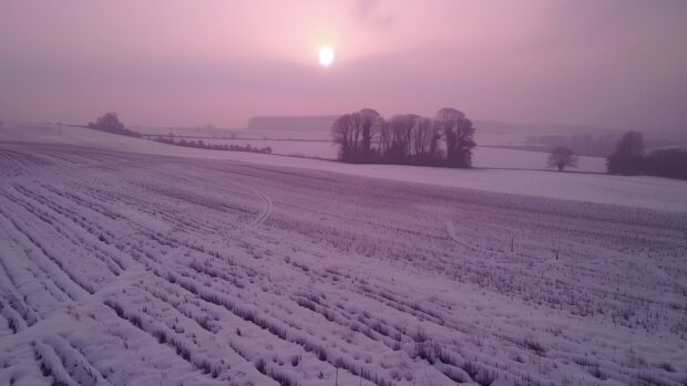 Winter PC 4K Wallpaper with sunrise casting a pink glow over snow covered fields.