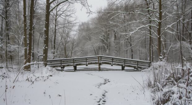 Winter Wonderland background with a snow covered bridge over a frozen river.