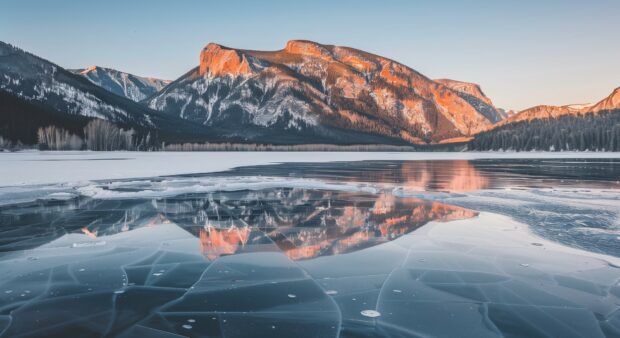 Winter Wonderland background with mountains reflected in a calm, frozen lake.