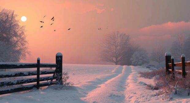 Winter Wonderland desktop background features sunrise casting a pink glow over snow covered fields.