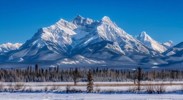 Winter Wonderland wallpaper with majestic winter mountains under a clear, crisp sky.