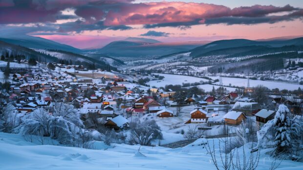 Winter Wonderland with snowy village at sunset with pink clouds.