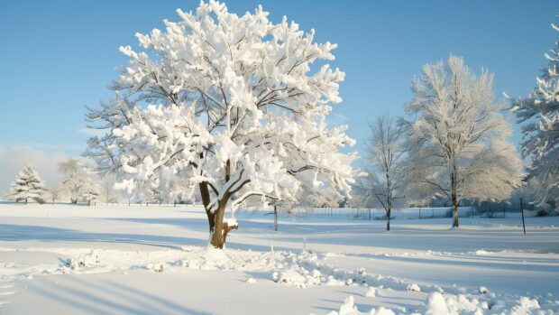 Winter and snow 4K scene with frosty morning light on snow covered trees.