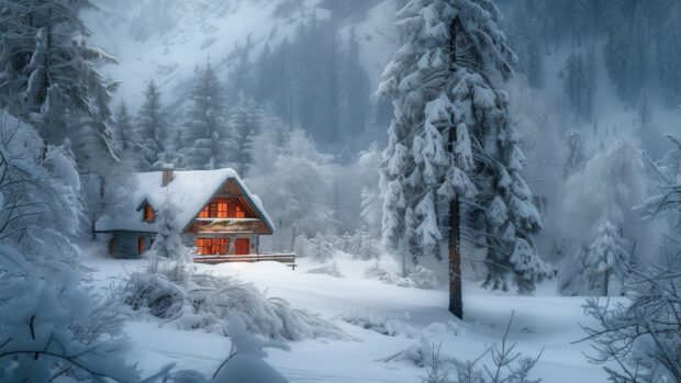 Winter background 4K with cozy cabin in the woods surrounded by a thick winter snow.