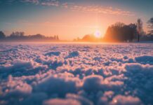 Winter background with a snow covered field and sunrise.