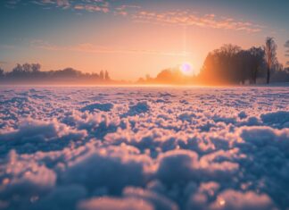 Winter background with a snow covered field and sunrise.