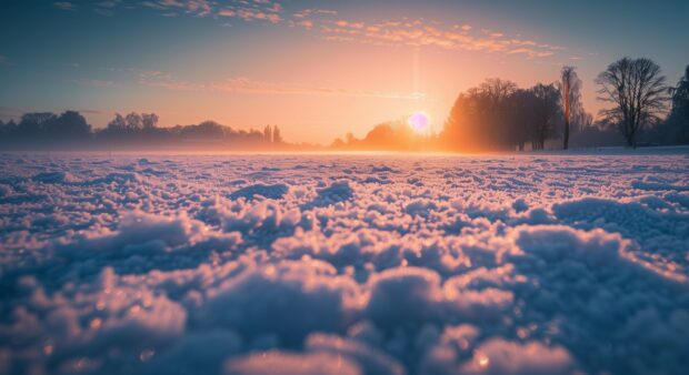 Winter background with a snow covered field and sunrise.