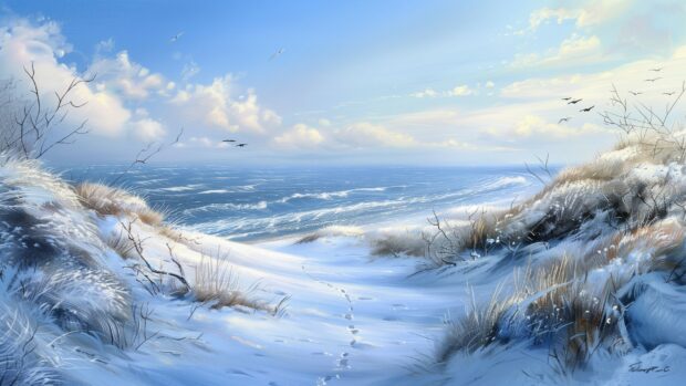 Winter beach background with snow covered dunes and a chilly ocean.