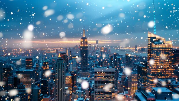 Winter cityscape 4K background with snow falling gently on the buildings.