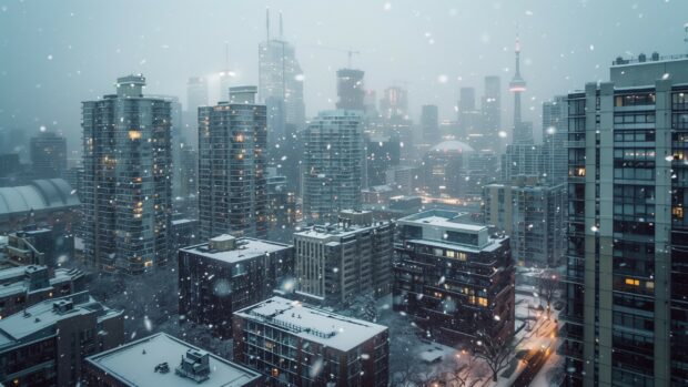 Winter cityscape with snow falling gently on the buildings, 4K Desktop background.