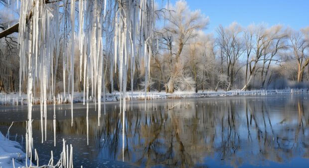 Winter desktop wallpaper landscape with icicles hanging from trees.