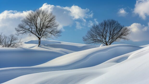 Winter desktop wallpaper with snow covered hills and trees.