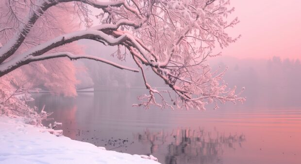 Winter desktop wallpaper with snow covered lake with pink reflections.