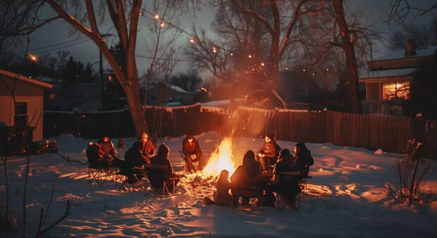 Winter evening with a bonfire and friends gathered around in the snow.