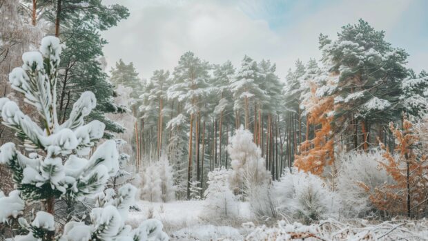 Winter forest 4K wallpaper HD with snow covered pine trees.