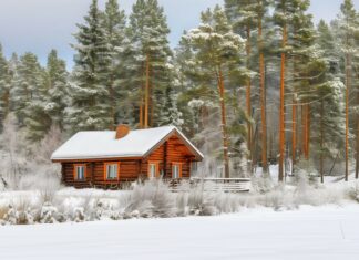 Winter forest 4K with a snow covered cabin in the distance.