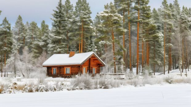 Winter forest 4K with a snow covered cabin in the distance.