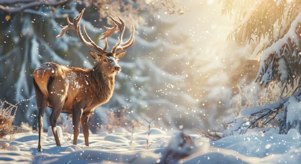 Winter forest desktop wallpaper with a deer standing in the snow.