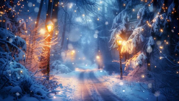 Winter forest trail illuminated by lanterns and snow covered trees.