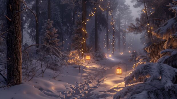 Winter forest trail illuminated by lanterns and snow covered trees.