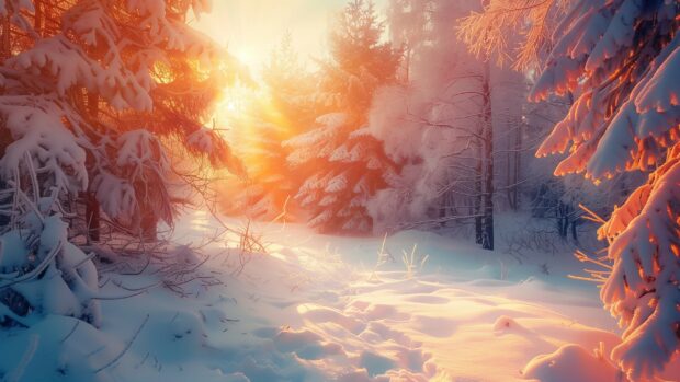 Winter forest with snow covered evergreens and a bright sun.