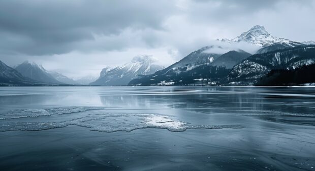 Winter landscape HD Wallpaper with a frozen lake and mountains.