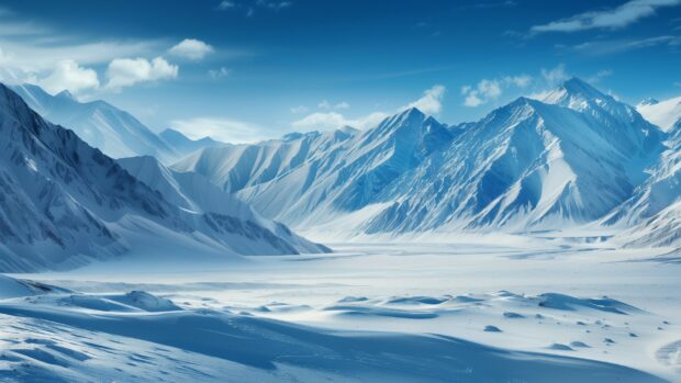 Winter landscape with snow capped mountains and a clear sky.