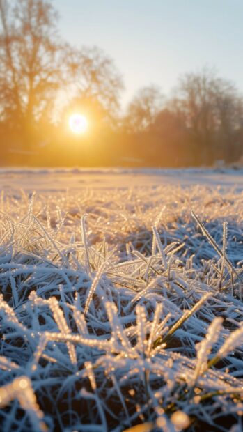 Winter mobile background with sunrise over a frosty field with shimmering snow.