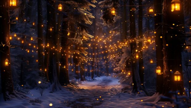 Winter night HD wallpaper with forest trail illuminated by lanterns and snow covered trees.