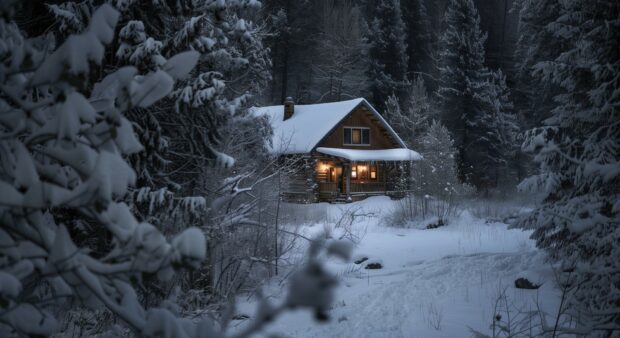 Winter night wallpaper with cozy cabin in the woods surrounded by a thick winter snow.