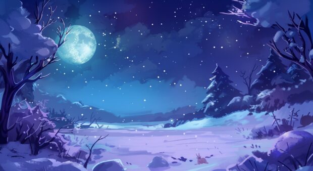 Winter night with a clear sky full of stars and snowy landscapes, Wonderland background.